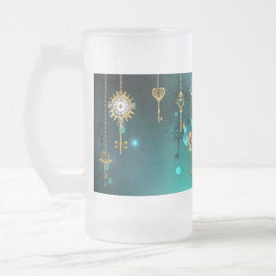 Caneca De Cerveja Vidro Jateado Chaves de Esqueleto Anticas em Fundo Verde