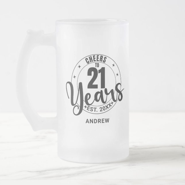 CANECA DE CERVEJA VIDRO JATEADO CHEERS TO 21 YEARS (Esquerda)