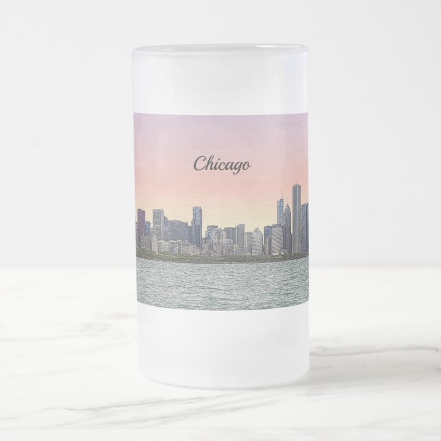 Caneca De Cerveja Vidro Jateado Chicago Skyline Painterly Fosco Mug (Centro)