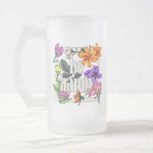 Caneca De Cerveja Vidro Jateado Citação positiva Ser Feliz e flores de jardim