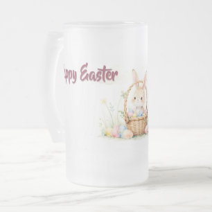 Caneca De Cerveja Vidro Jateado Coelhinho da Páscoa Fofo em Cesta com Ovos Colorid