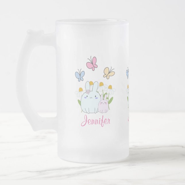 Caneca De Cerveja Vidro Jateado Coelhinhos bonitos com margaridas Primavera e borb (Esquerda)