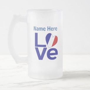 Caneca De Cerveja Vidro Jateado Coração de Amor Azul Francês Bandeira Personalizad