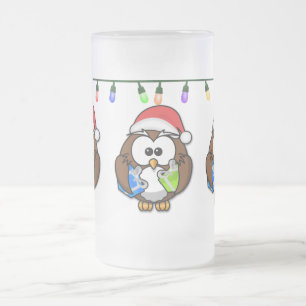 Caneca De Cerveja Vidro Jateado coruja festiva do papai noel