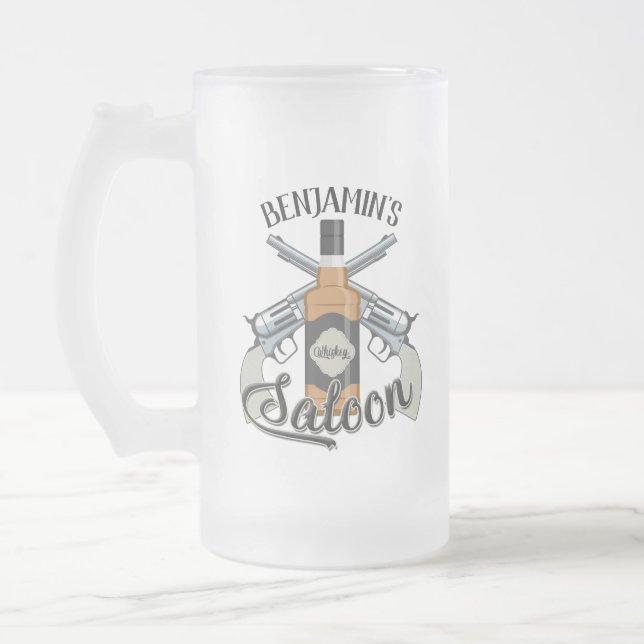 Caneca De Cerveja Vidro Jateado Cowboy Revolver Gun Whiskey Saloon (Esquerda)