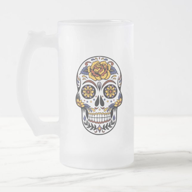 Caneca De Cerveja Vidro Jateado Crânio de Rosa Amarelo (Esquerda)