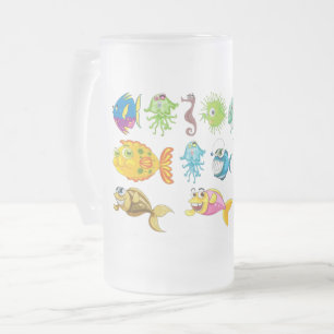 Caneca De Cerveja Vidro Jateado Cute Cartoon Vida Marinha e Peixes Coloridos Conge