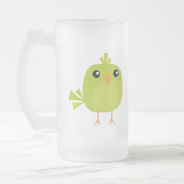 Caneca De Cerveja Vidro Jateado Desenho de Pássaro Verde   (Esquerda)