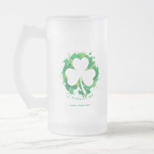 Caneca De Cerveja Vidro Jateado Dia do Patrick. Lucky Clover White Silhouette.
