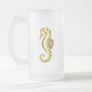 Caneca De Cerveja Vidro Jateado Dourado Cavalo de Mar Poligonal