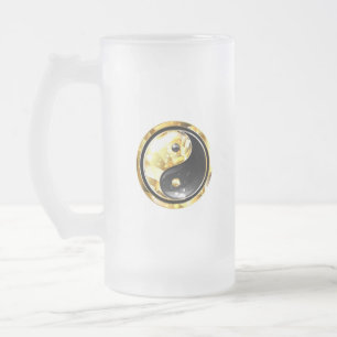 Caneca De Cerveja Vidro Jateado Dourado Yin Yang a preto