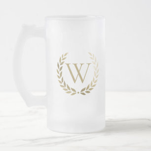 Caneca De Cerveja Vidro Jateado Elegante Dourada Laurel Wreath Monograma