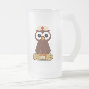 Caneca De Cerveja Vidro Jateado Enfermeira Coruja (com bandaid)