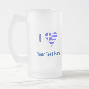 Caneca De Cerveja Vidro Jateado Eu (Coração da Bandeira Grega) Seu Texto