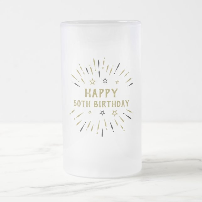 Caneca De Cerveja Vidro Jateado Feliz 50º aniversário Fogos de artifício Dourados  (Centro)
