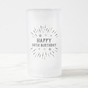 Caneca De Cerveja Vidro Jateado Feliz 50.º aniversário Fogos de Artifício Pretos e