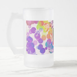 Caneca De Cerveja Vidro Jateado Feliz Aniversário Colorida Bokeh Pink Foto Jumbo