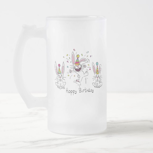 Caneca De Cerveja Vidro Jateado Feliz Aniversário Feliz Coelhos Coelhinhos Bebidas (Esquerda)