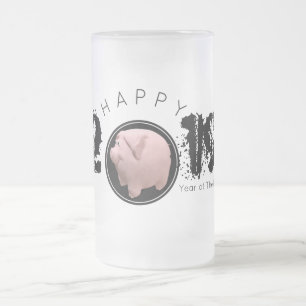 Caneca De Cerveja Vidro Jateado Feliz Ano PIg Grande 2019 Fosco 3D Original G