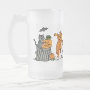 Caneca De Cerveja Vidro Jateado Feliz Dia das Bruxas com Cachorro de Gato e Aranha