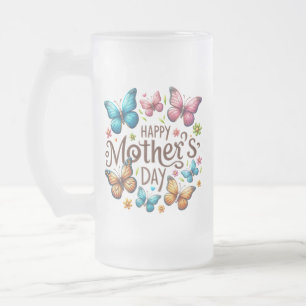 Caneca De Cerveja Vidro Jateado Feliz Dia das Mães com Clipart de Borboletas