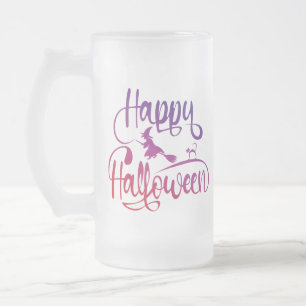 Caneca De Cerveja Vidro Jateado Feliz Halloween gradient voando feiticeiro