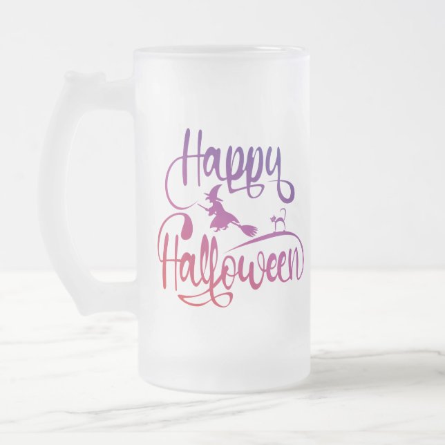 Caneca De Cerveja Vidro Jateado Feliz Halloween gradient voando feiticeiro (Esquerda)