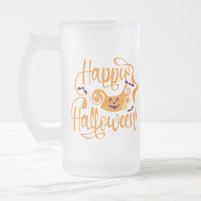 Caneca De Cerveja Vidro Jateado Feliz morcego de Halloween jack ou lanterna (Esquerda)