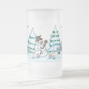 Caneca De Cerveja Vidro Jateado Feliz Natal! Boneco de neve com gato e filhote de