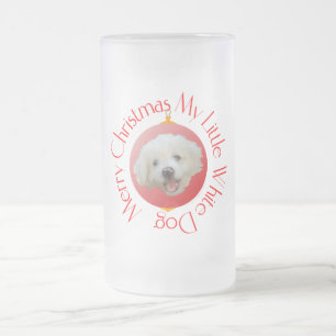 Caneca De Cerveja Vidro Jateado Feliz Natal Cachorrinho Branco