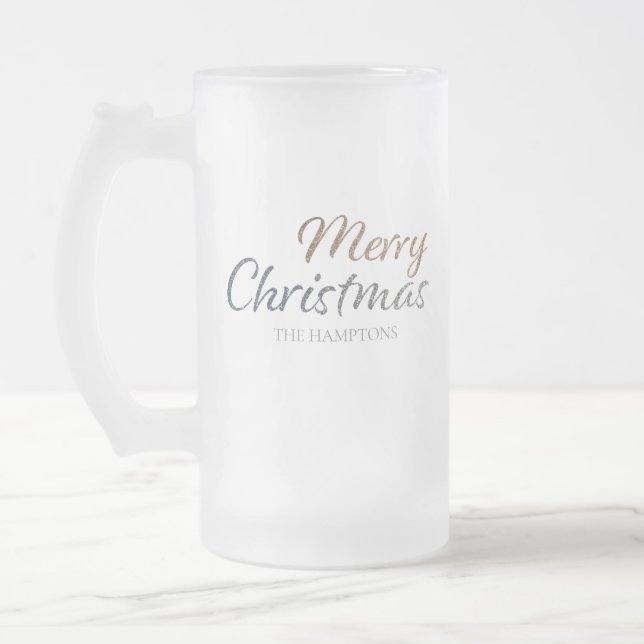 Caneca De Cerveja Vidro Jateado Feliz Natal Faux Silver e Dourado Glitter Personal (Esquerda)