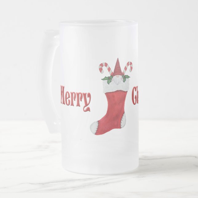 Caneca De Cerveja Vidro Jateado Feliz Natal Gnomo em canas de balas vermelhas (Frente Esquerda)