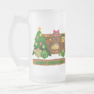 Caneca De Cerveja Vidro Jateado Feliz Natal perto da lareira fogueira árvore de na
