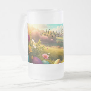 Caneca De Cerveja Vidro Jateado Feliz Páscoa em uma Paisagem de Primavera