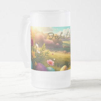 Caneca De Cerveja Vidro Jateado Felizes Páscoas em uma paisagem de primavera