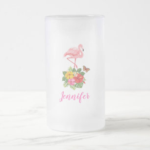 Caneca De Cerveja Vidro Jateado Flamingo, de cor rosa-d'água, com flores de Hibisc