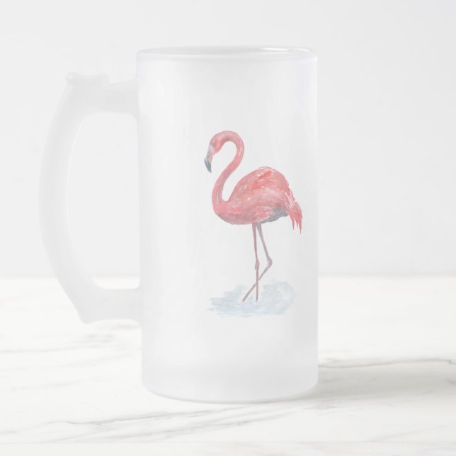 Caneca De Cerveja Vidro Jateado Flamingo rosa, aquarela. (Esquerda)
