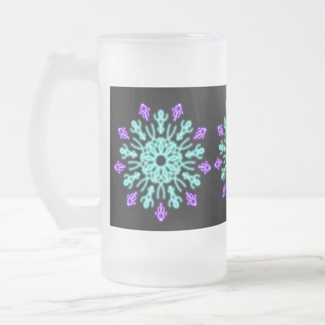 Caneca De Cerveja Vidro Jateado Flor de néon roxa e turquesa (Esquerda)