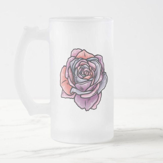 Caneca De Cerveja Vidro Jateado Flor Rosa colorido (Esquerda)