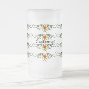Caneca De Cerveja Vidro Jateado flores amarelas tribais