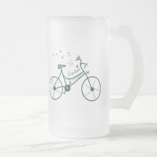 Caneca De Cerveja Vidro Jateado Flores de borboletas e fã delicados da bicicleta