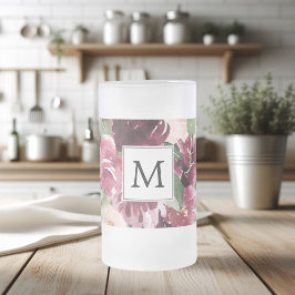 Caneca De Cerveja Vidro Jateado Flores Modernas de Aquarela Monograma