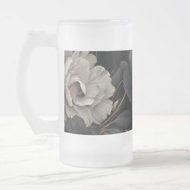 Caneca De Cerveja Vidro Jateado Flores Pretas e Brancas (Esquerda)