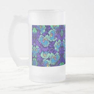 Caneca De Cerveja Vidro Jateado Flores roxas e azuis William Morris