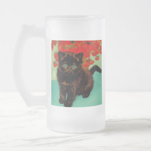 Caneca De Cerveja Vidro Jateado Flores Vermelhas de Gogh Pretas