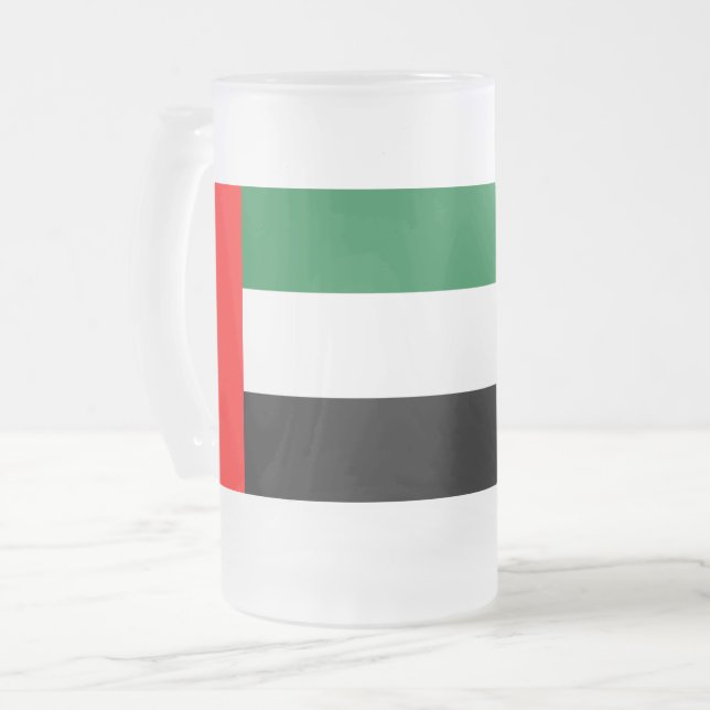 Caneca De Cerveja Vidro Jateado Fosco Glass Mug com bandeira dos EAU (Frente Esquerda)