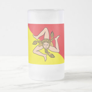 Caneca De Cerveja Vidro Jateado Fosco Glass Mug com pavilhão da Sicília, Itália