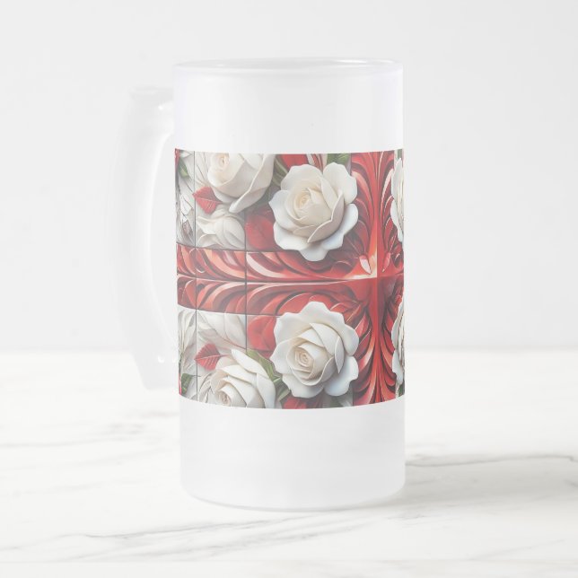 Caneca De Cerveja Vidro Jateado Fosco Glass Mug com Rosas ingleses design (Frente Esquerda)