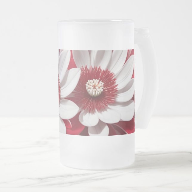 Caneca De Cerveja Vidro Jateado Fosco Vidro Mug Vermelho Branco Floral Design Arte (Frente Esquerda)
