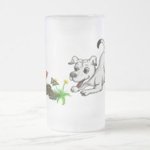 Caneca De Cerveja Vidro Jateado Frühlingserwachen, Welpe mit Schmetterling